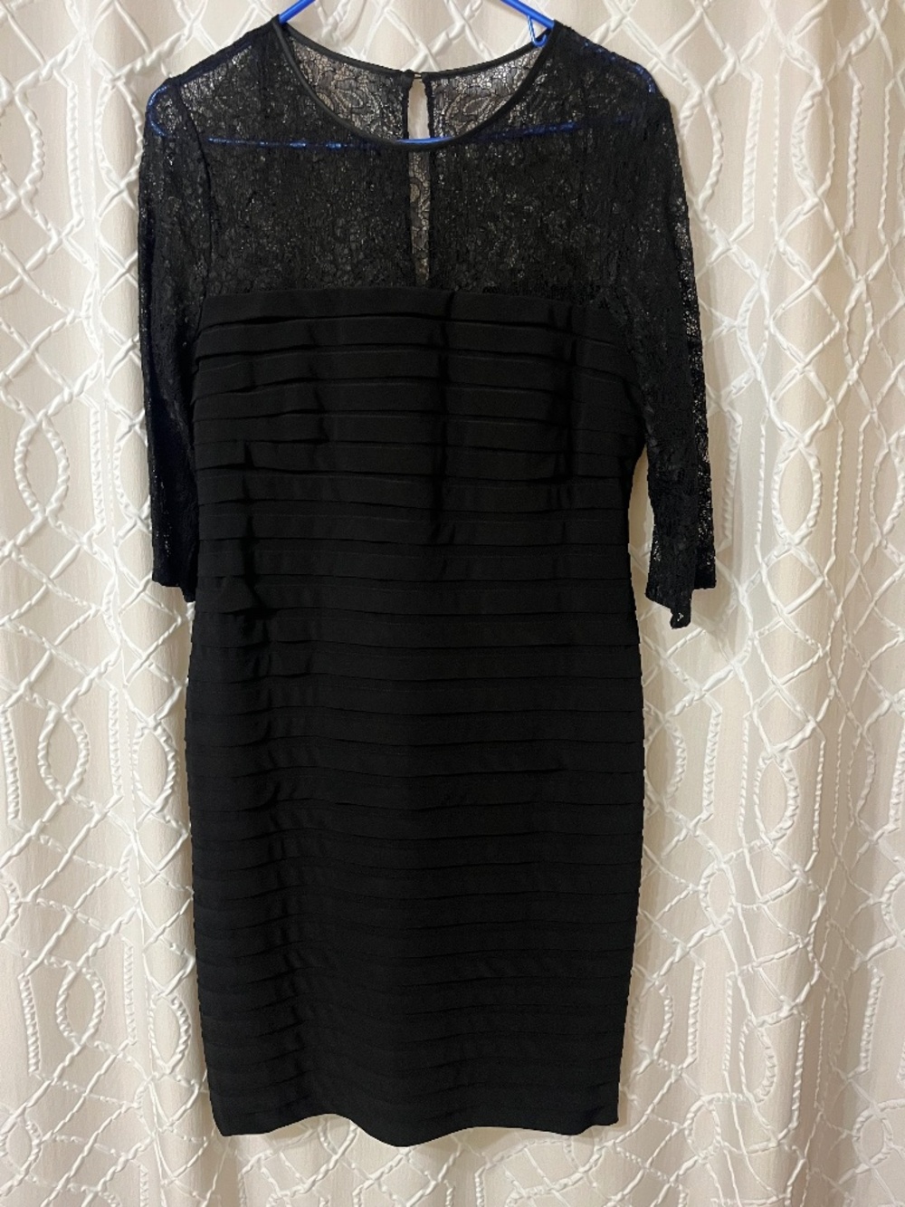 Adrianna Papell Pleated Cocktail Dress Black with lace arms.